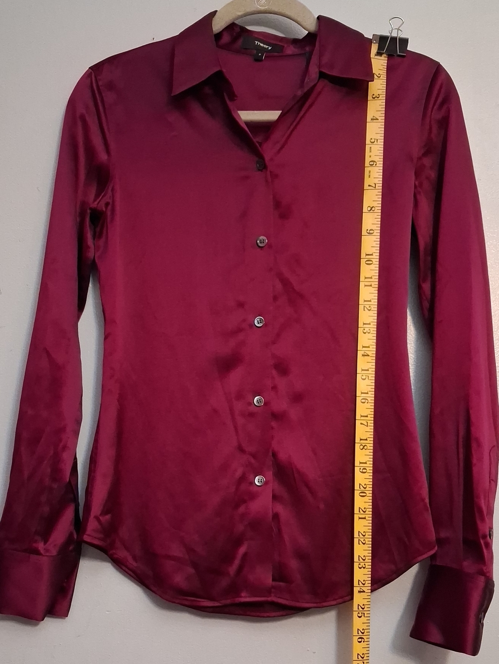 Theory Size (P) Small Women's 93% Silk Satin Button-Up Blouse in Burgundy. - Picture 8 of 15